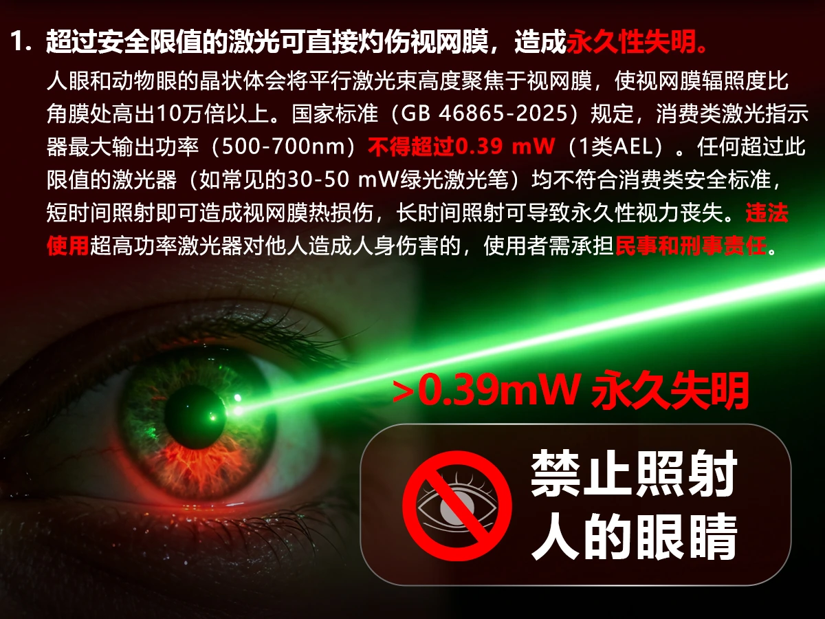 激光安全警告 1：超过安全限值的激光可造成永久性失明