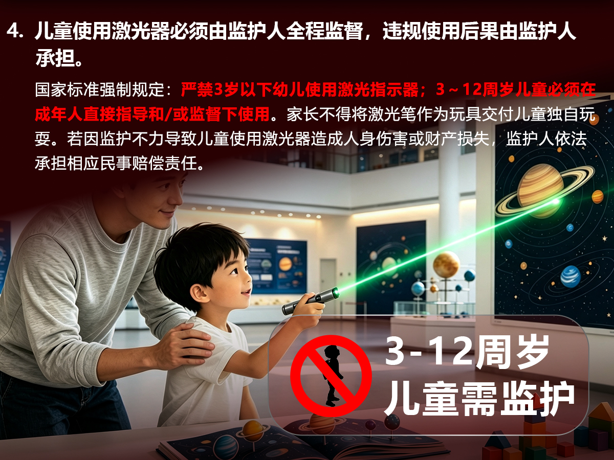 激光安全警告 4：儿童使用激光器必须由监护人全程监督