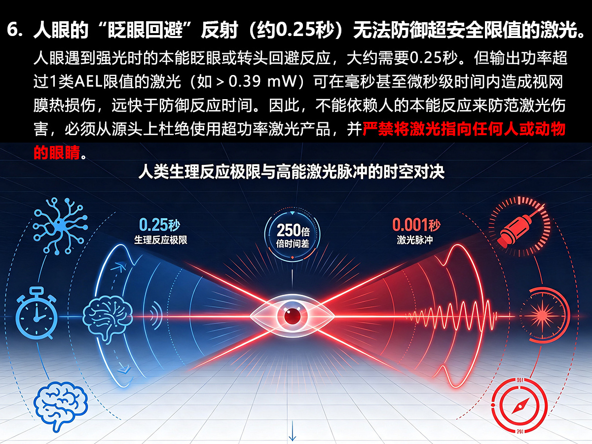 激光安全警告 6：人眼的眨眼回避反射无法防御超安全限值的激光