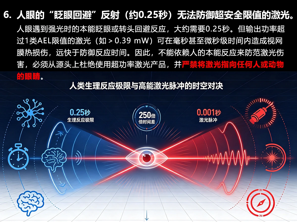 激光安全警告 6：人眼的眨眼回避反射无法防御超安全限值的激光